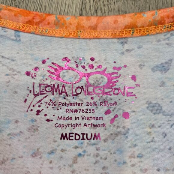 Leoma Lovegrove Medium V-Neck 3/4 Sleeve Palm Tree Sunset Print semi sheer shirt - Picture 3 of 4